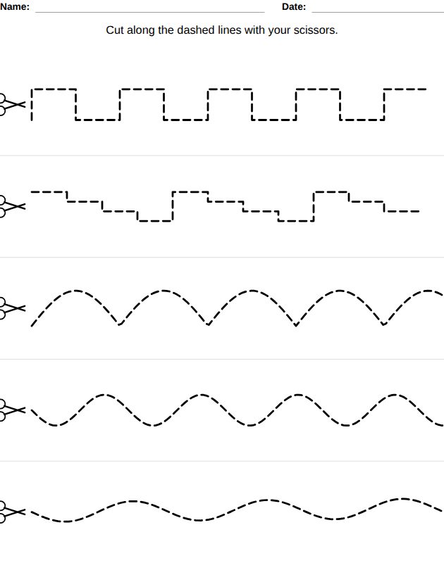 Cutting practice worksheet for kids, from the LogikLand handwriting workbook