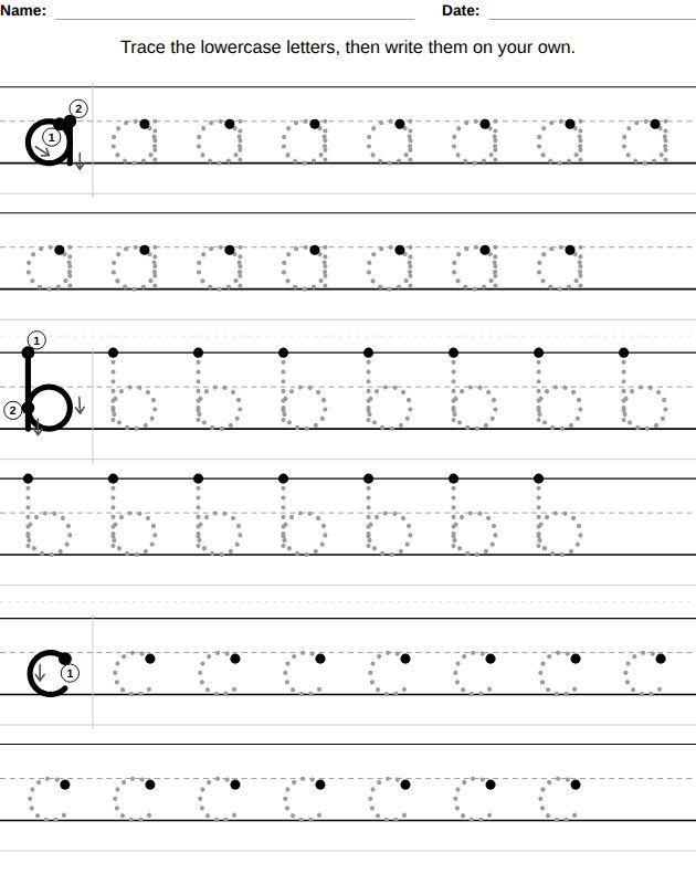 Lowercase letters worksheet for kids, from the LogikLand handwriting workbook
