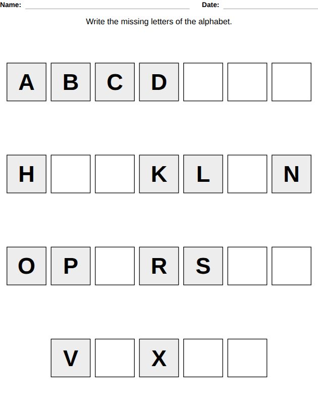 Missing letters worksheet for kids, from the LogikLand handwriting workbook