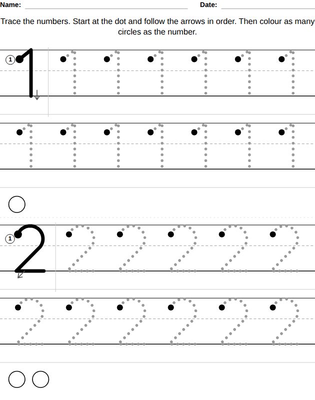 Handwriting worksheet, Numbers, ages 3-4