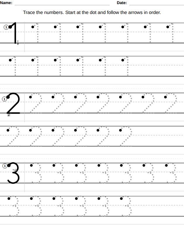 Trace the numbers worksheet for kids, from the LogikLand handwriting workbook