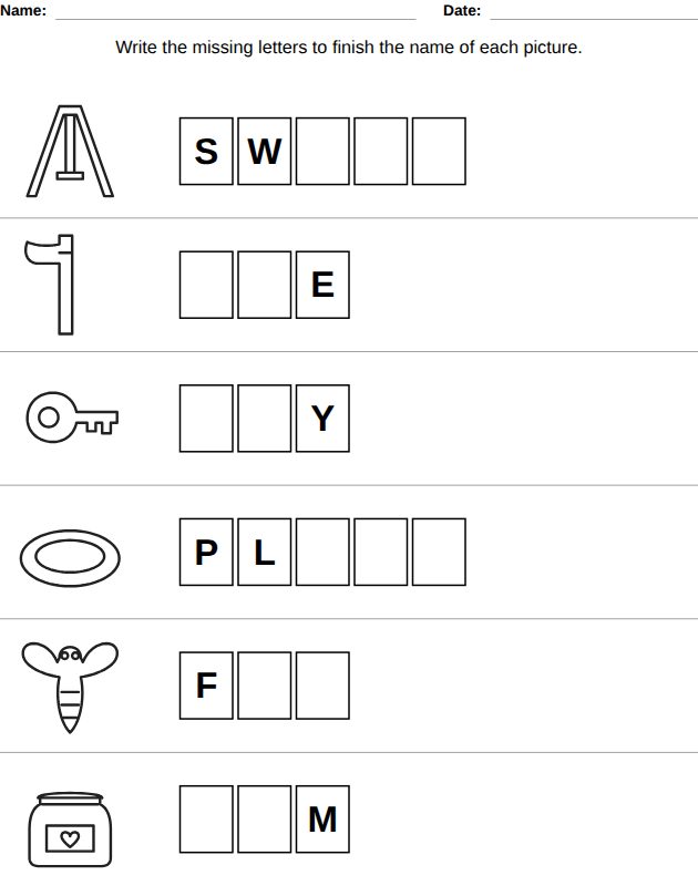 Kids activity workbook page, Ages 6-7: write the word