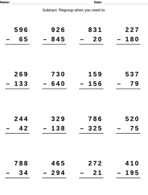 Free column subtraction, ages 8-9 worksheet made with the LogikLand generator