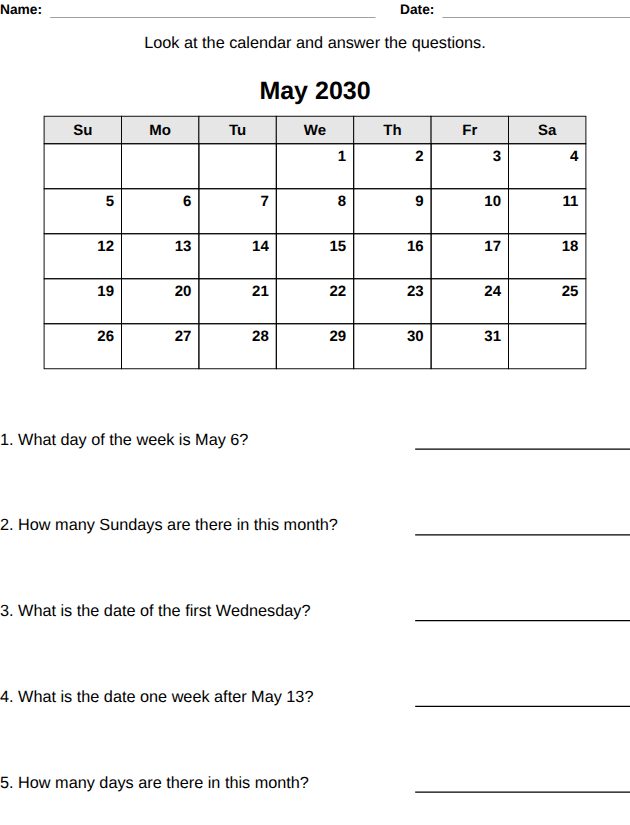 Free calendar, ages 7-8 worksheet made with the LogikLand generator